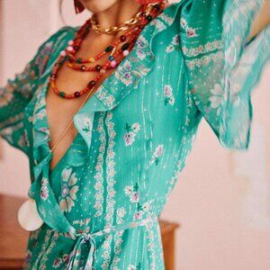 Sezane Floral Teal Maxi Dress - Size 38